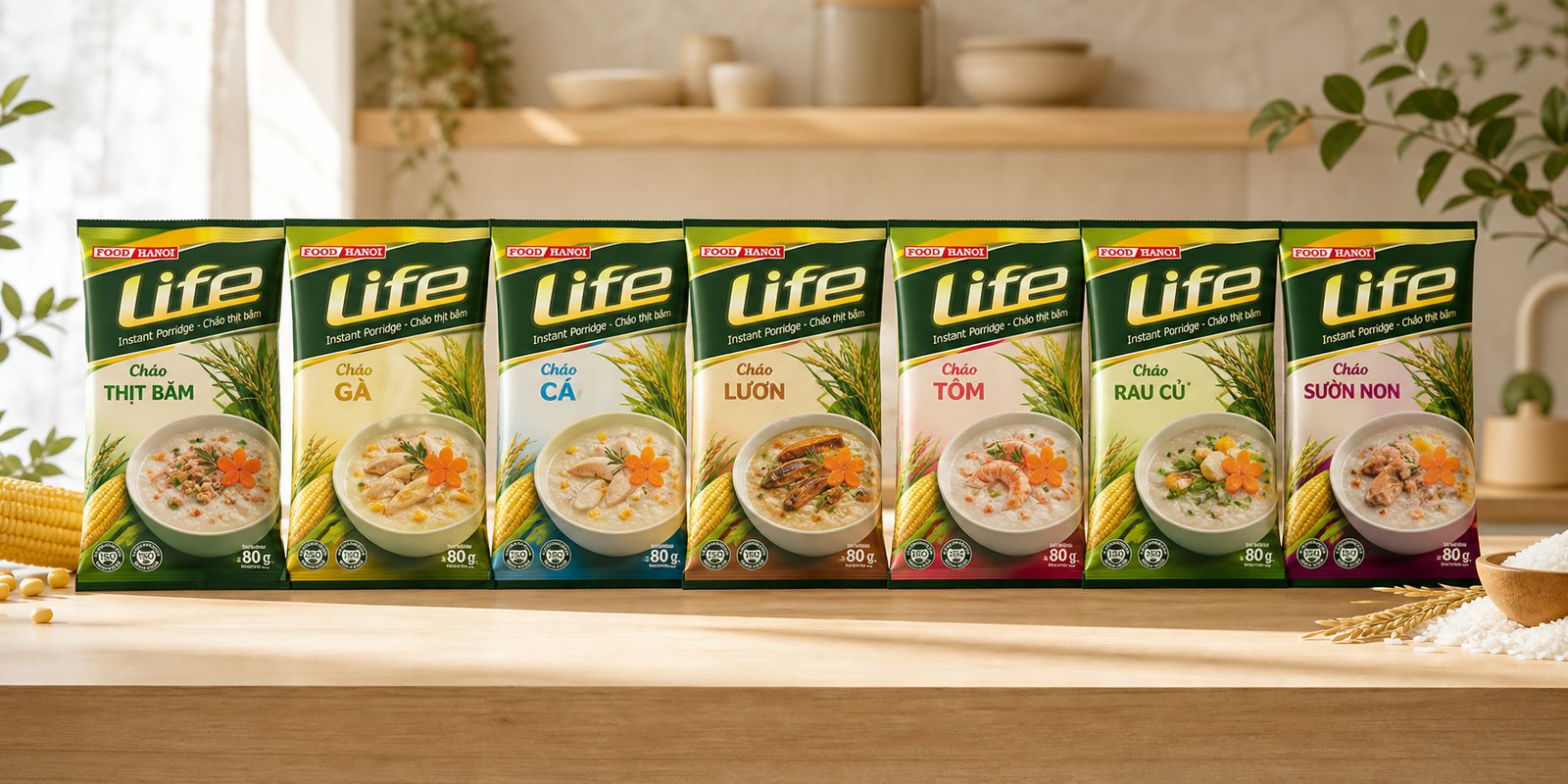 Dãy các vị cháo Life dạng túi đồng bộ