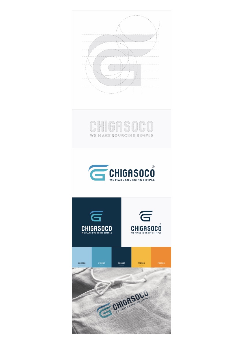 Bảng hệ thống nhận diện Chigasoco: lưới dựng, biến thể logo, bảng màu và ứng dụng