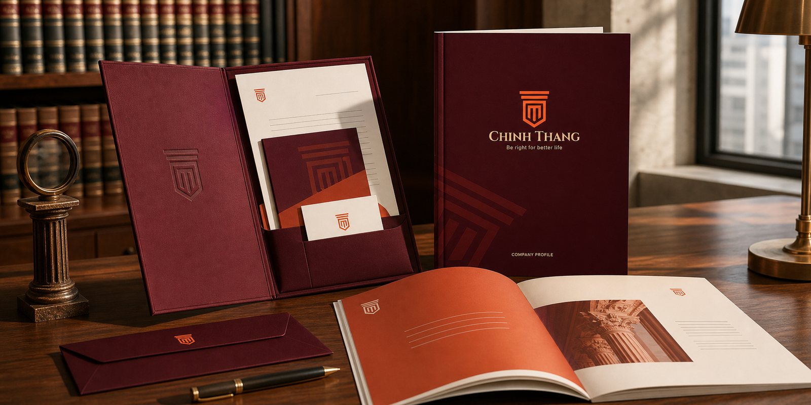 Hệ tài liệu doanh nghiệp Chính Thắng: bìa hồ sơ, đầu trang thư và tập năng lực