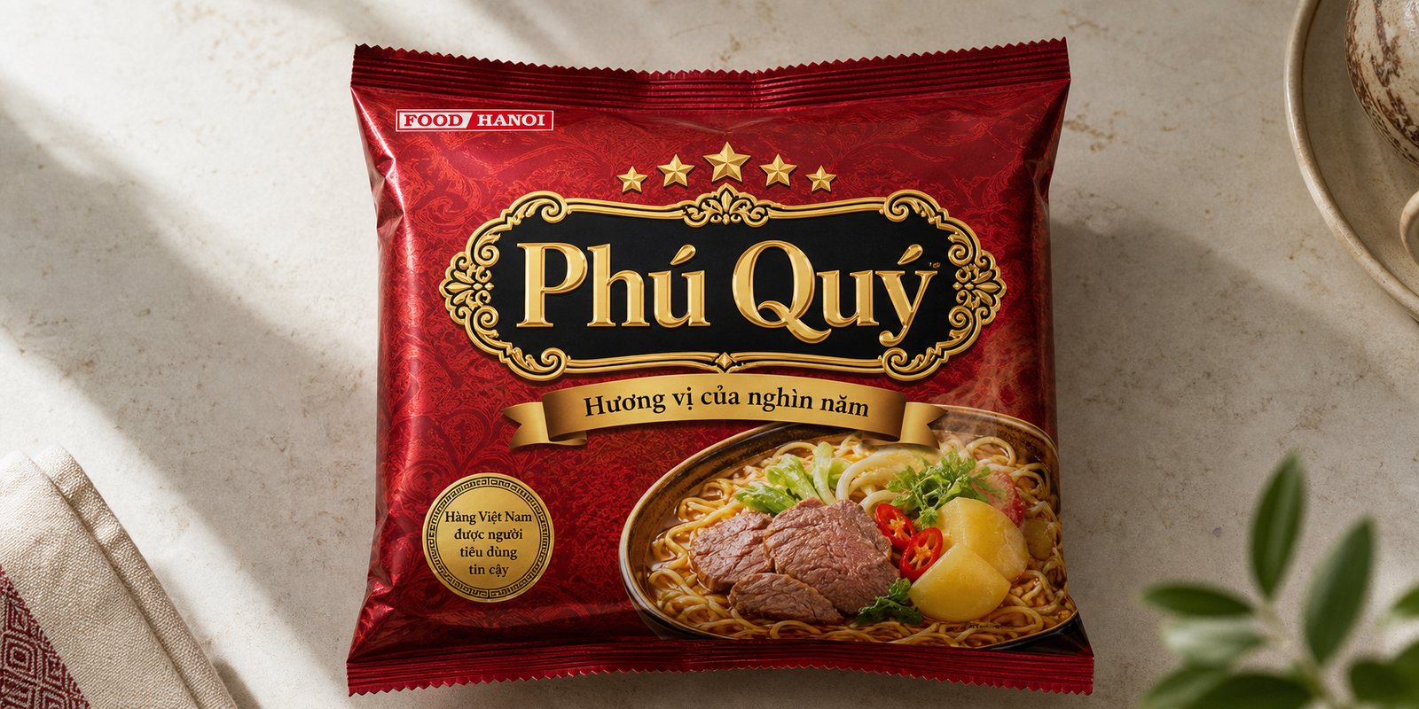 Gói mì tôm Phú Quý dựng khối