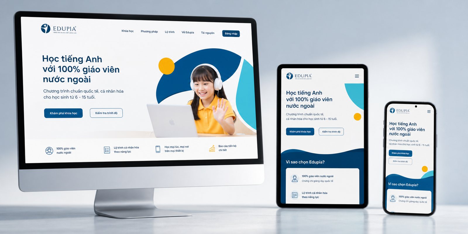 Giao diện ứng dụng và website Edupia trên nhiều thiết bị