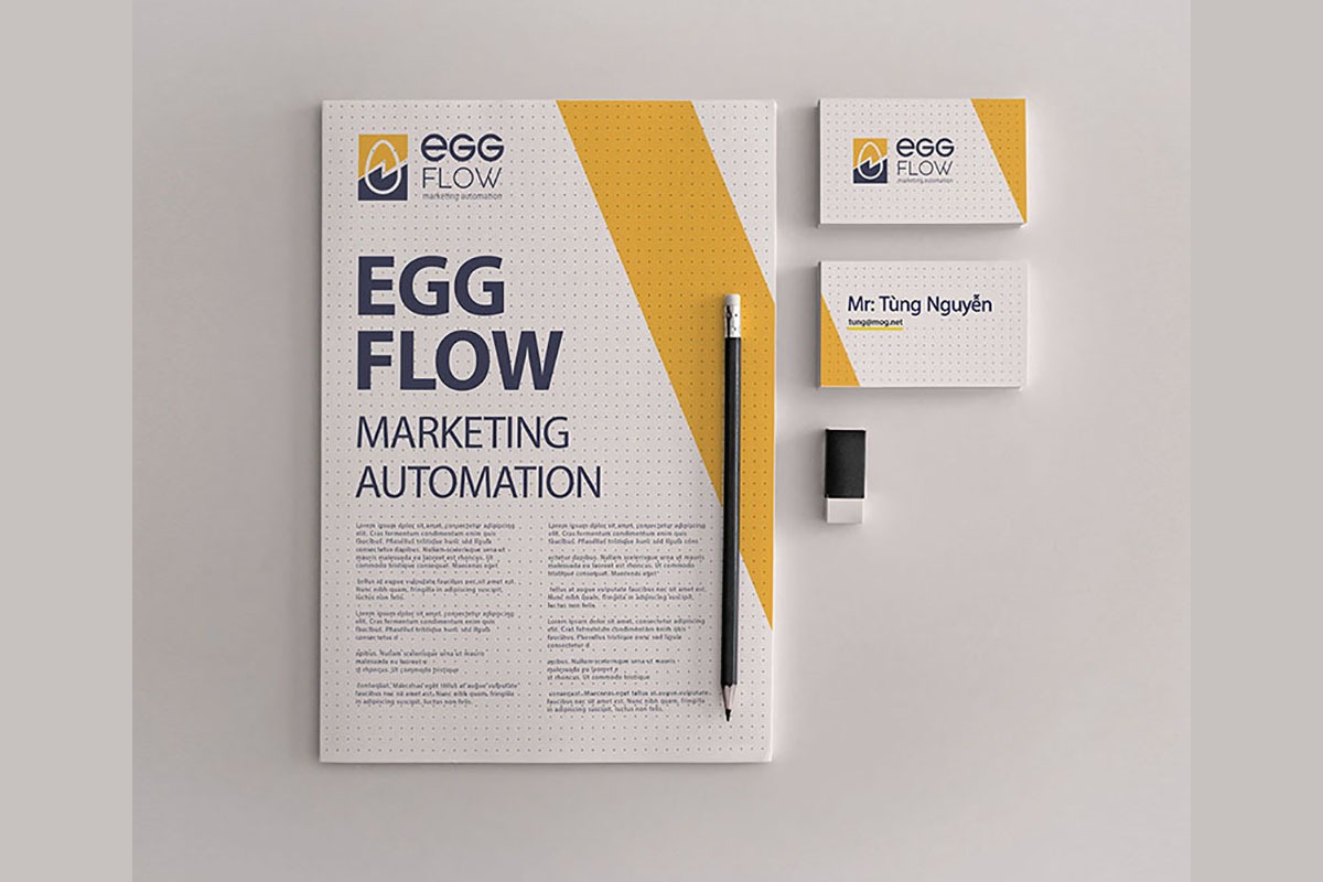 Bộ văn phòng EggFlow: giấy tiêu đề, danh thiếp và phong bì trên nền studio