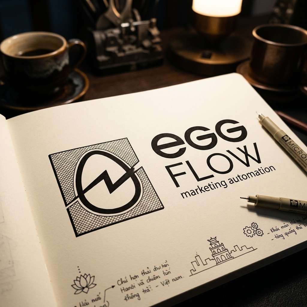 Biểu tượng và chữ EggFlow đi nét mực trên sổ vẽ