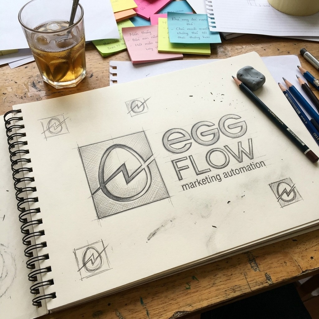 Phác thảo biểu tượng EggFlow bằng bút chì trên sổ vẽ