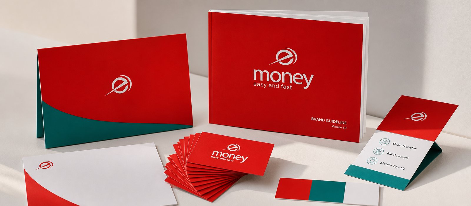 Bộ nhận diện eMoney bày trên bàn: sổ quy chuẩn đỏ, danh thiếp và bìa hồ sơ đỏ phối teal