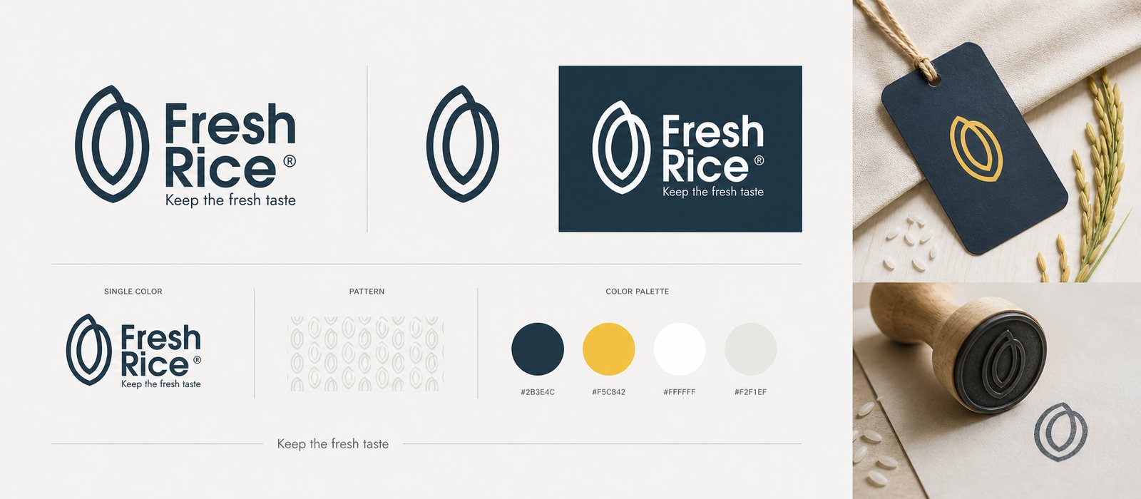 Hệ nhận diện FreshRice: logo, biến thể, con dấu, thẻ treo và bảng màu
