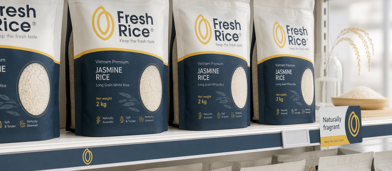 Bao bì gạo FreshRice trên kệ siêu thị, nhận ra giữa đám đông