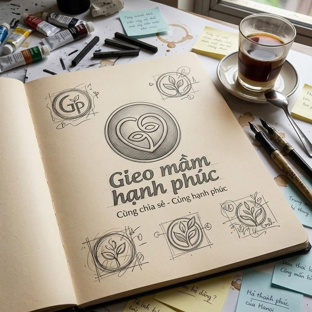 Các phương án phác thảo dấu hiệu Gieo Mầm Hạnh Phúc trên trang sổ tay