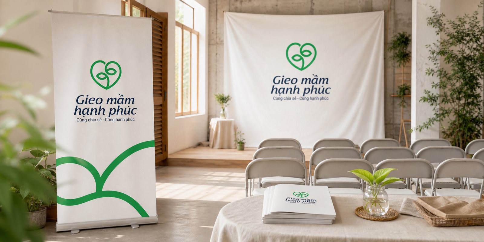 Buổi chia sẻ Standee và phông nền Gieo Mầm Hạnh Phúc tại một buổi chia sẻ cộng đồng