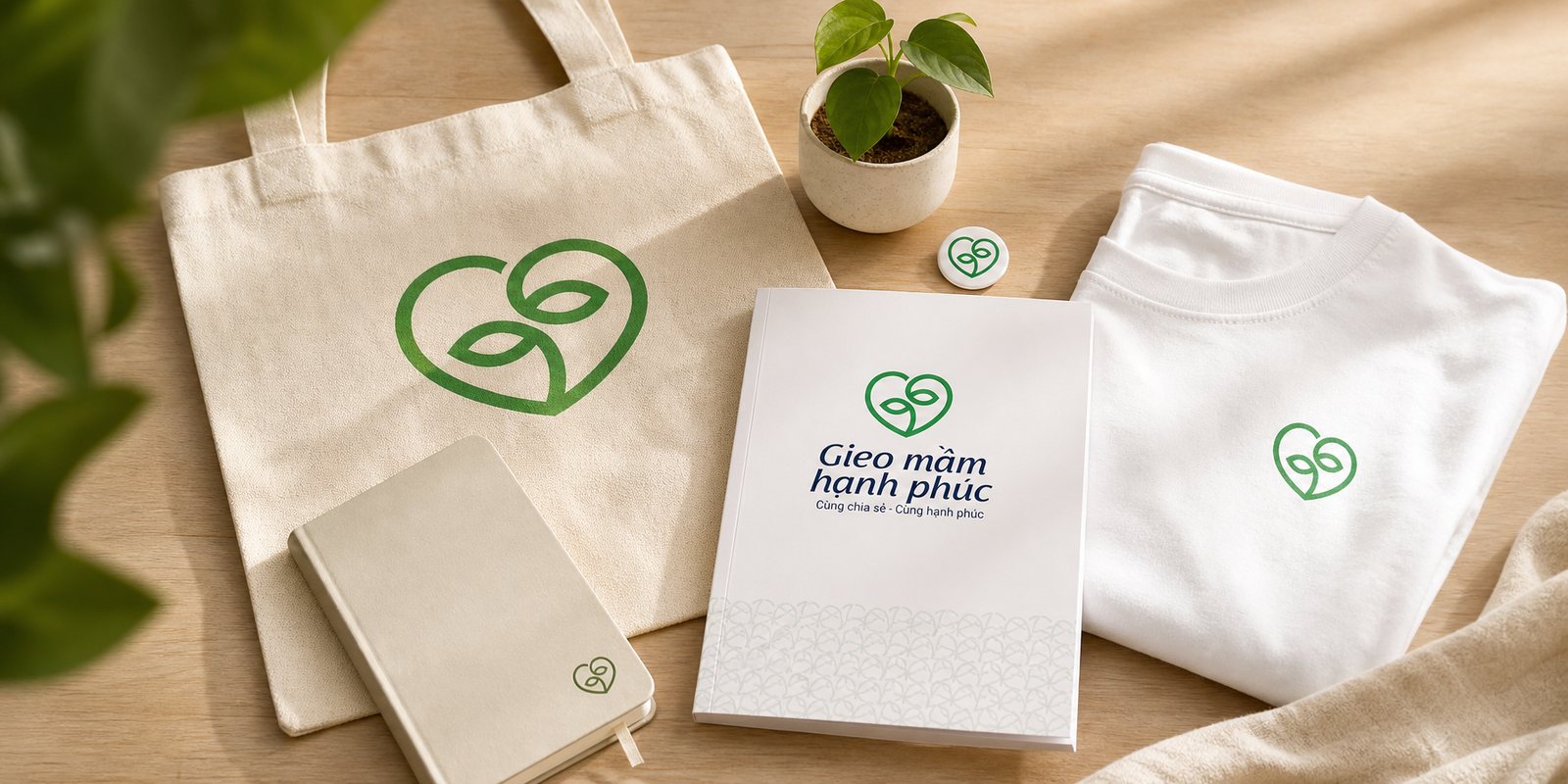 Bộ kit thành viên Bộ kit Gieo Mầm Hạnh Phúc: túi vải, cẩm nang, sổ tay, huy hiệu và áo