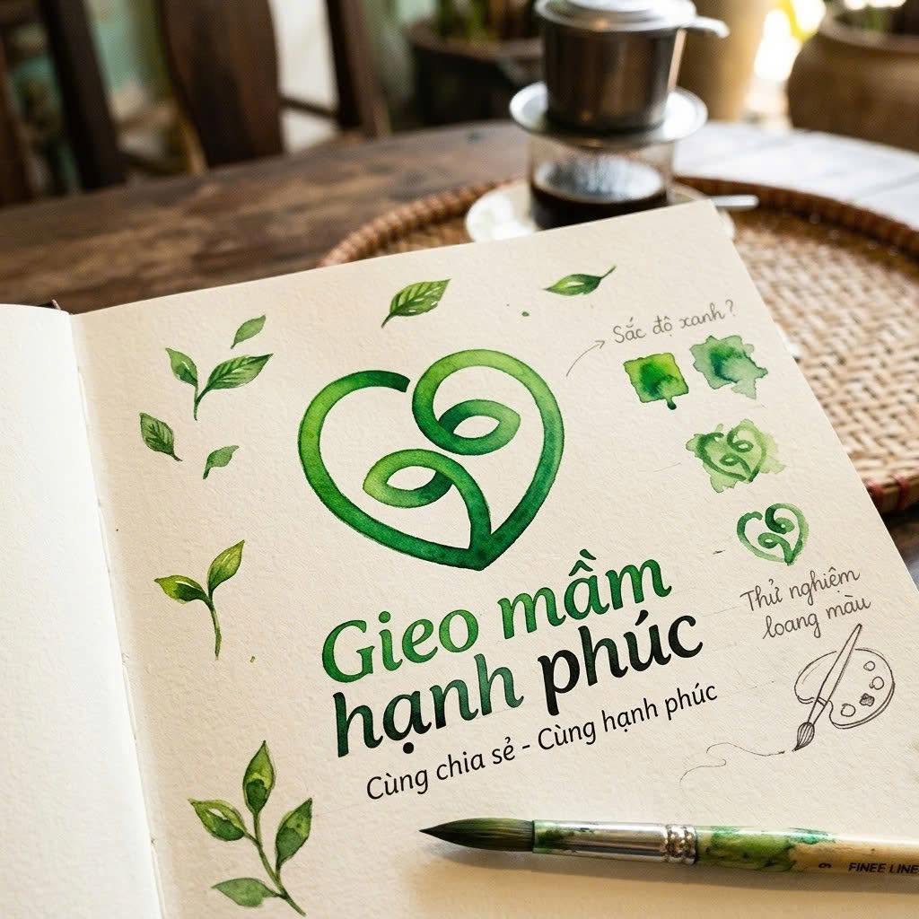 Dấu hiệu Gieo Mầm Hạnh Phúc vẽ tay bằng màu nước, thử các sắc độ xanh