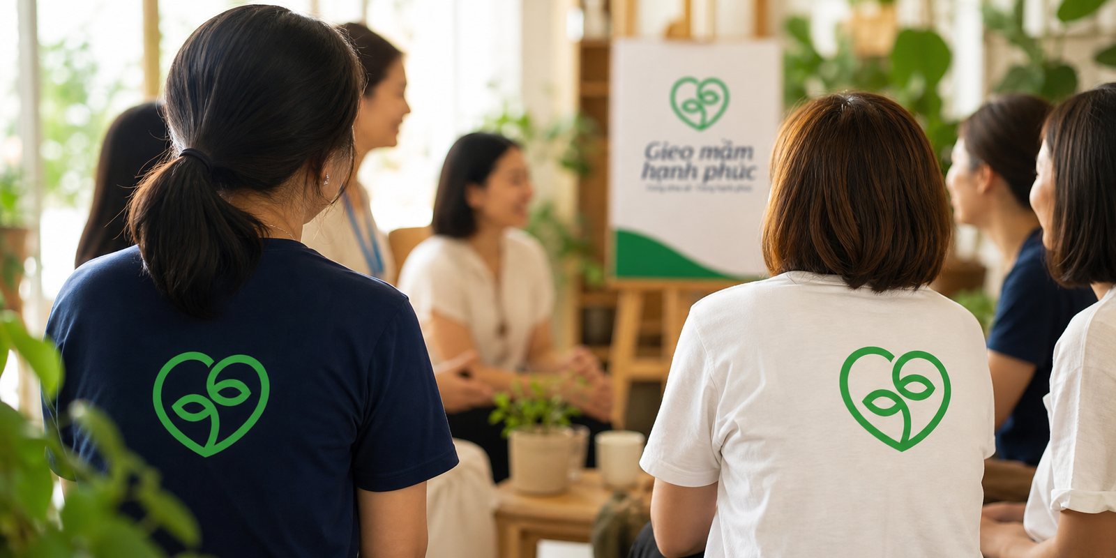 Thành viên mặc áo dấu hiệu Gieo Mầm Hạnh Phúc trong một buổi chia sẻ cộng đồng