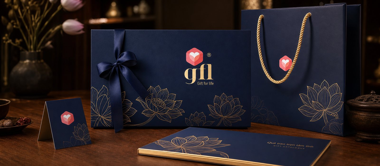Bộ quà trọn bộ Hộp quà, túi xách và thiệp gfl trên bàn gỗ óc chó