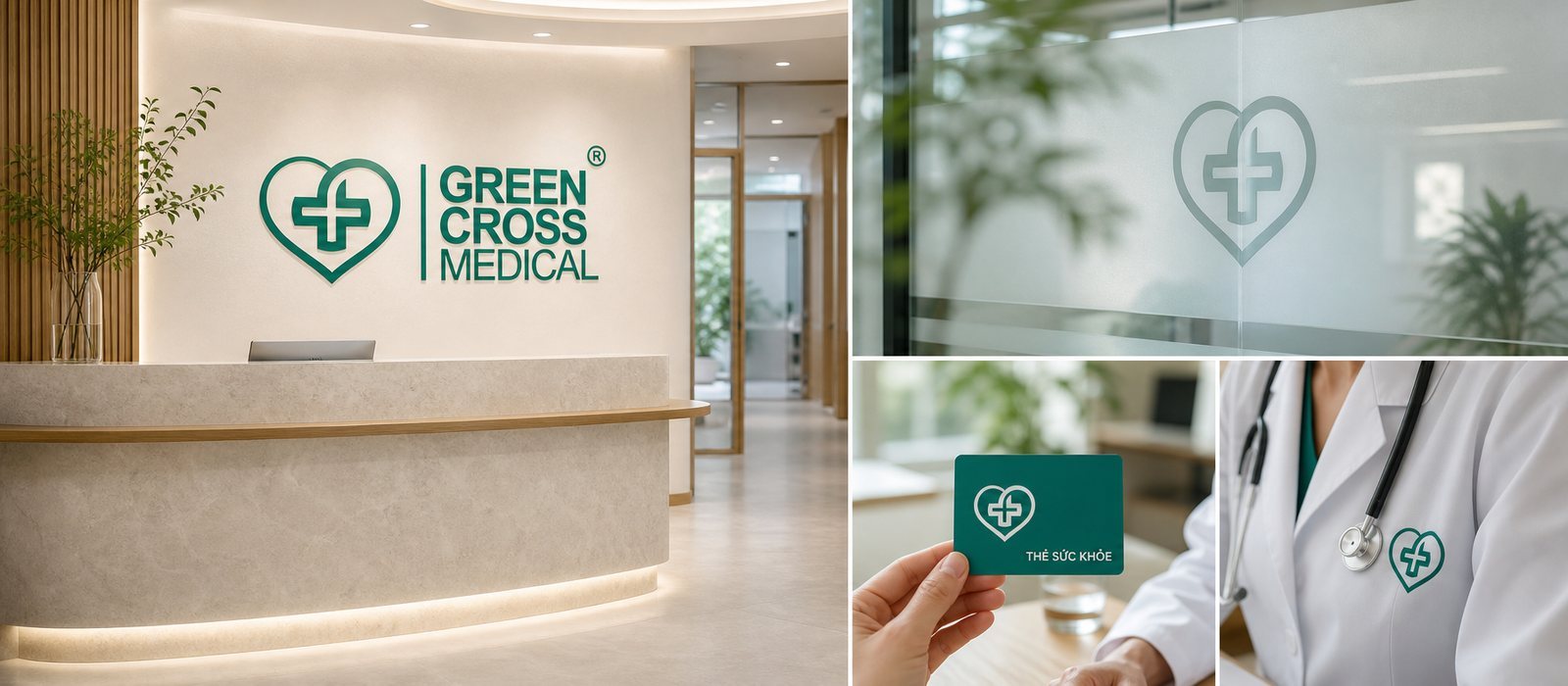 Nhận diện Green Cross Medical trên biển hiệu, tường lễ tân, áo blouse và thẻ khám