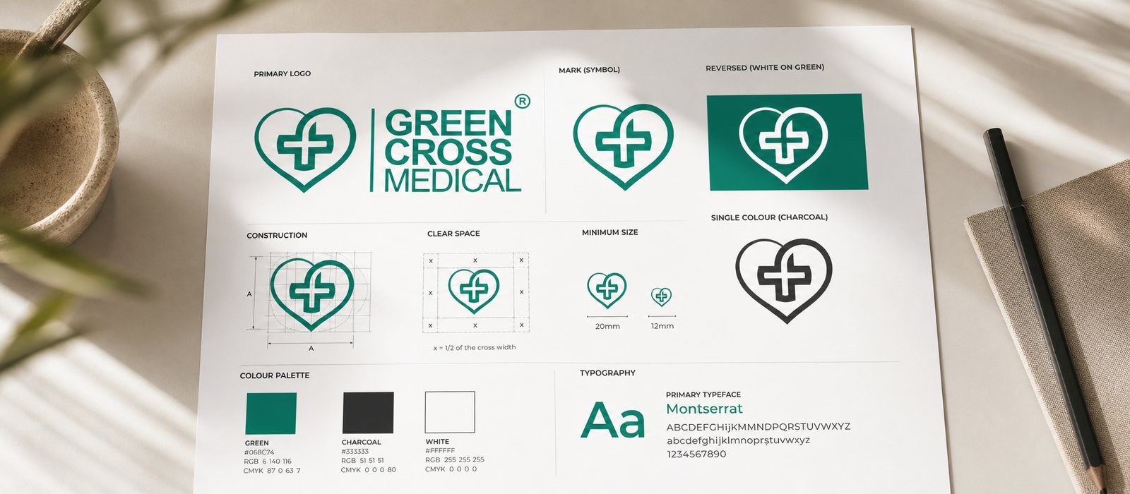 Biểu tượng Green Cross Medical: trái tim một nét ôm chữ thập, các biến thể mono, đảo màu và bảng màu