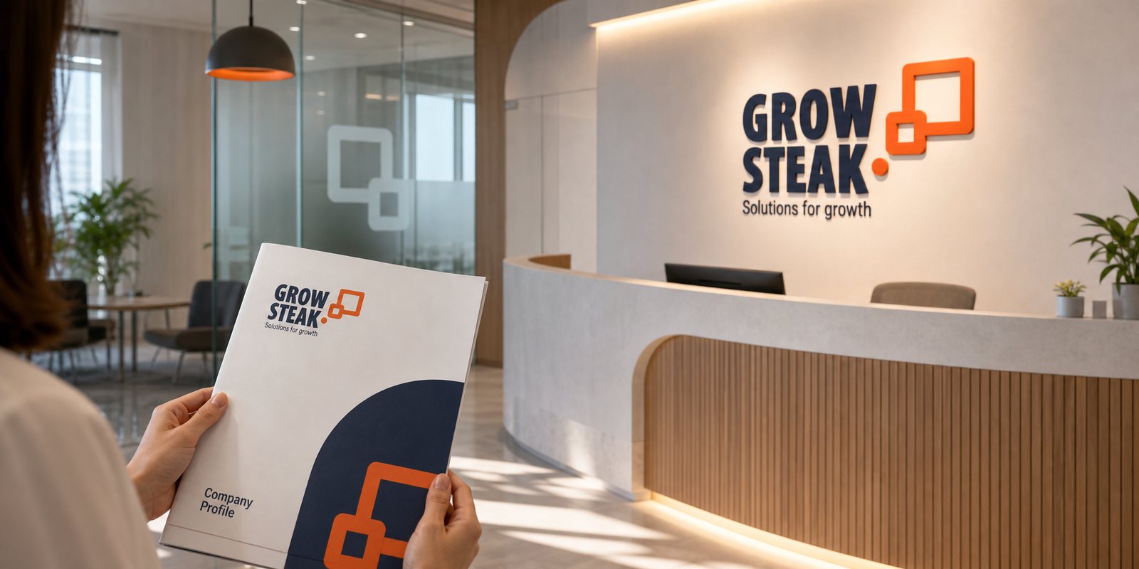 Nhận diện GrowSteak trên biển hiệu và không gian làm việc