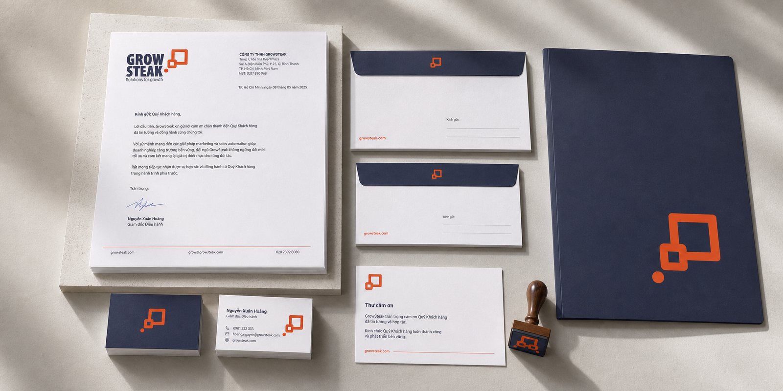 Bộ văn phòng phẩm GrowSteak: name card, letterhead, phong bì