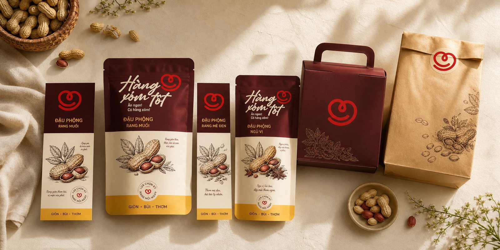 Hệ bao bì Hàng Xóm Tốt: dòng lạc rang và hộp cơm gia đình cùng một dấu ấm
