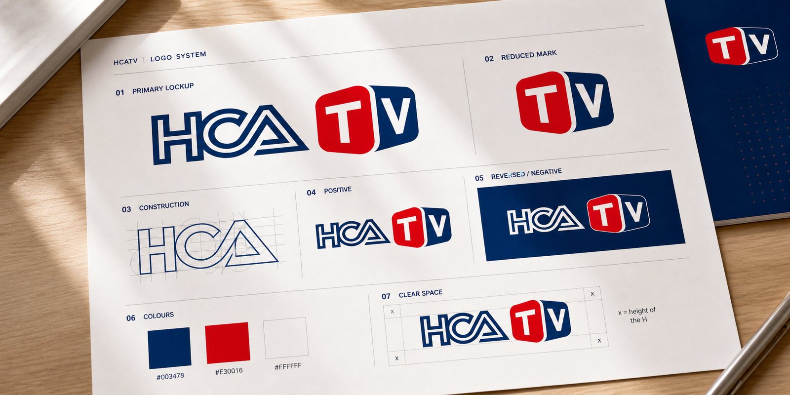 Hệ logo HCATV: bản đầy đủ, bản âm, khối màn hình rút gọn và bảng màu