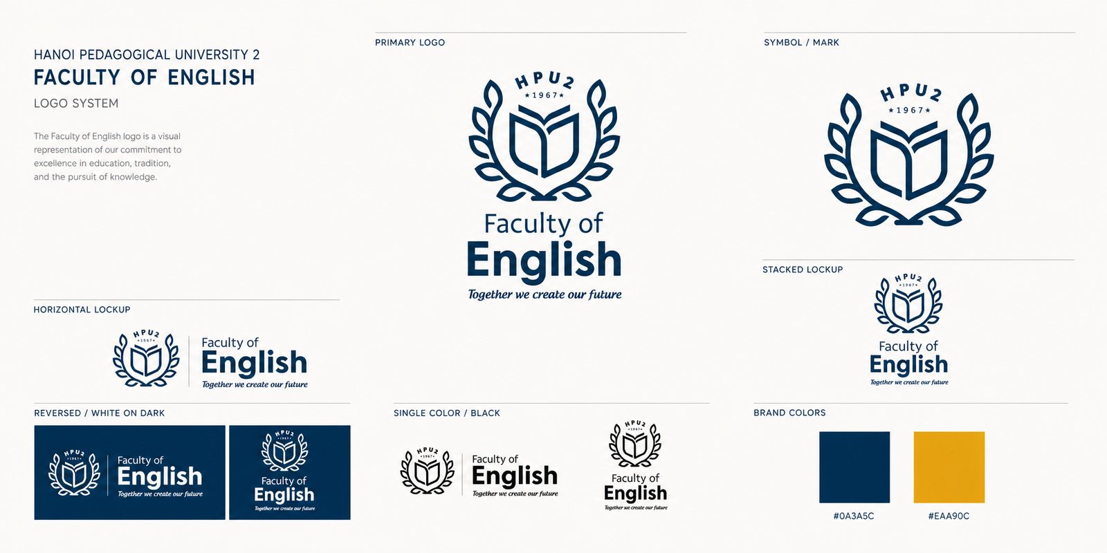 Bảng hệ thống logo Khoa Ngoại ngữ HPU2: logo chính, biểu tượng, lockup ngang và dọc, bản đảo màu trên nền tối, bảng màu navy và vàng