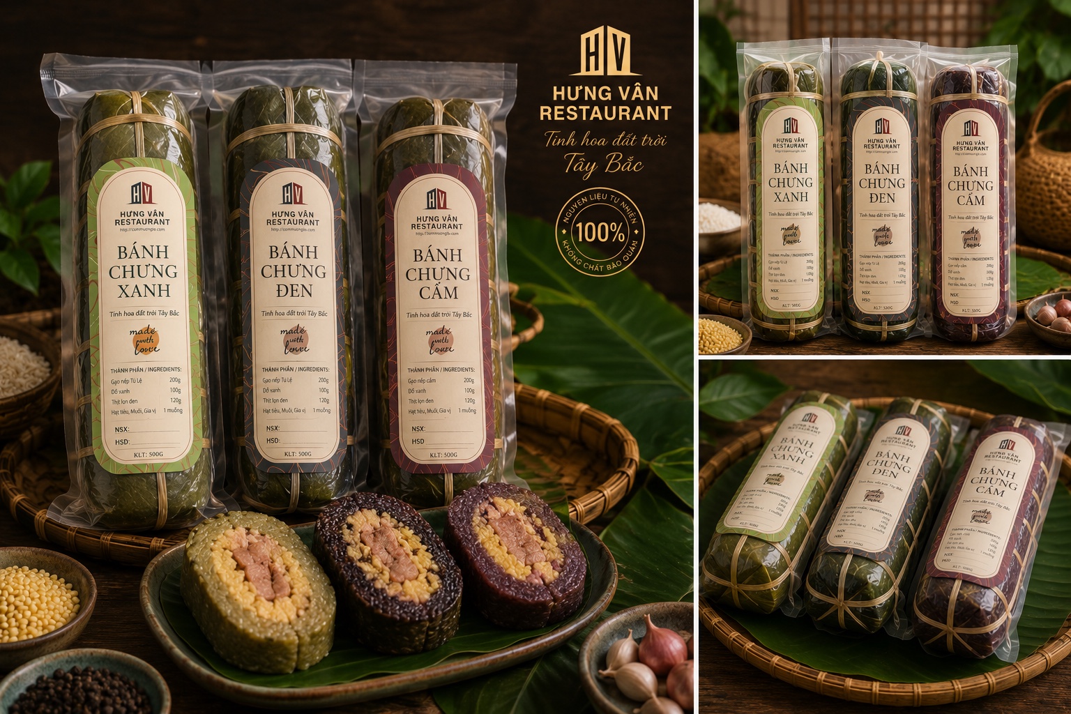 Bánh chưng xanh, đen, cẩm Hưng Vân gói lá dong, mặt cắt lộ nếp ba màu
