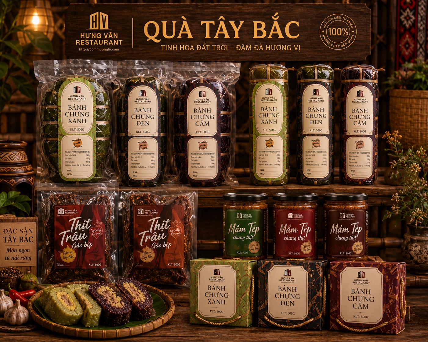 Hộp quà Tây Bắc Hưng Vân bày trọn tuyến sản phẩm như một nhà