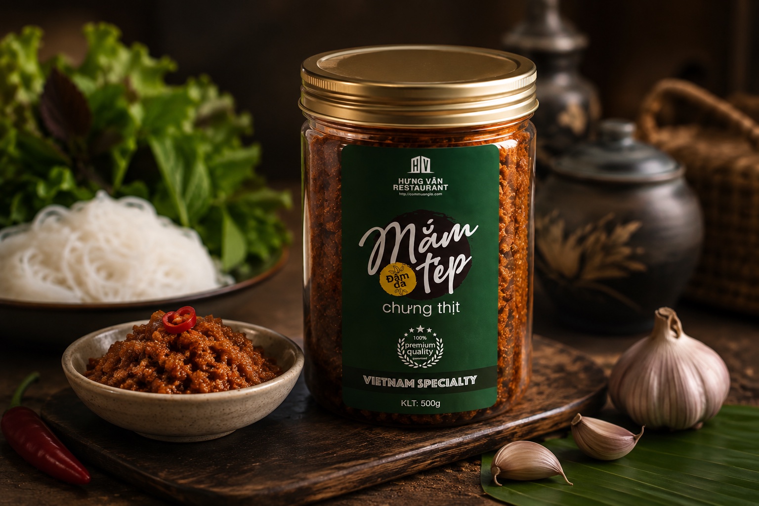 Hũ mắm tép Hưng Vân bên đĩa bún và ớt tươi