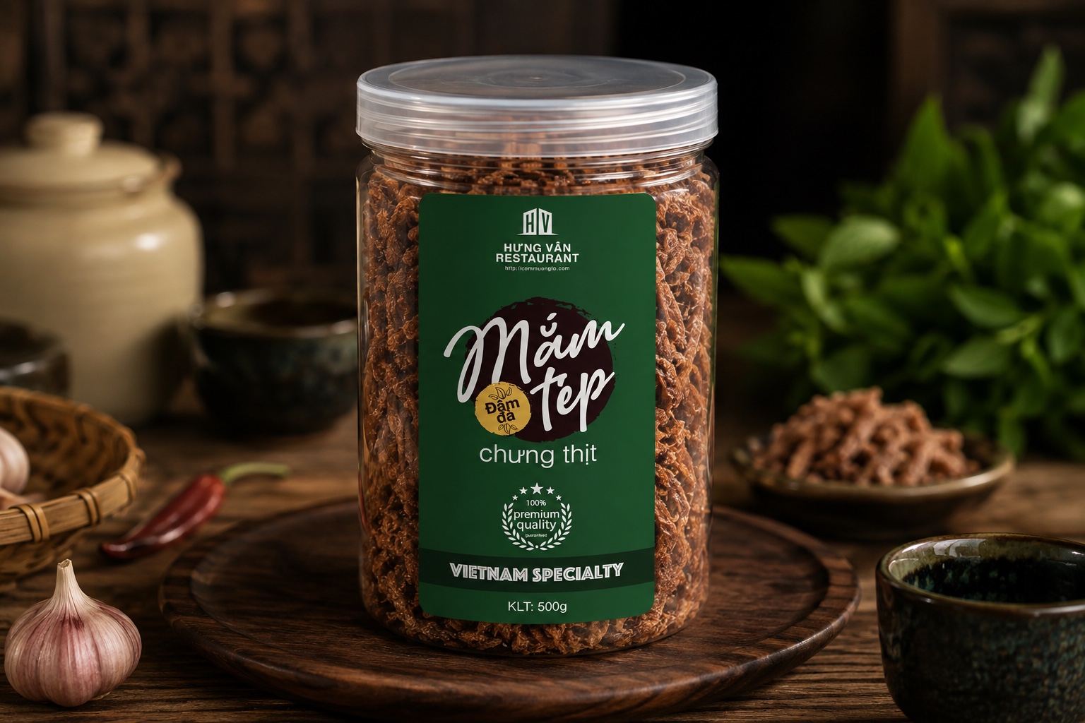 Hũ thuỷ tinh mắm tép chưng thịt Hưng Vân, nhãn xanh
