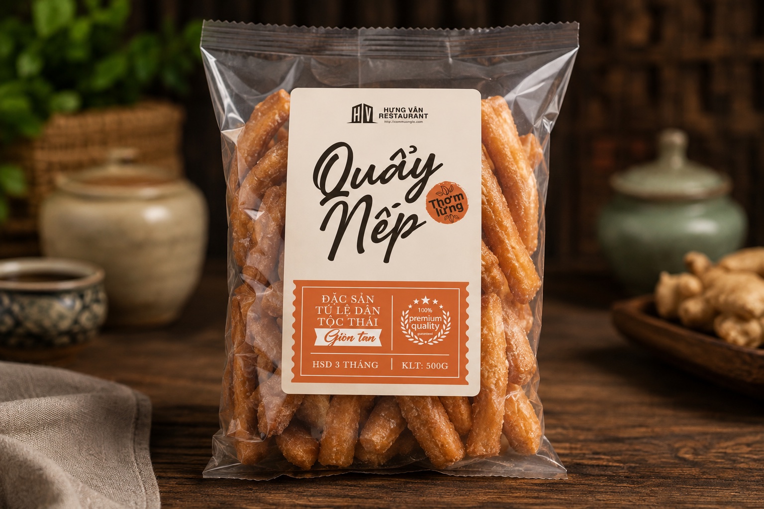 Túi zip quẩy nếp Tú Lệ Hưng Vân, nhãn cam, trên nền thổ cẩm Thái