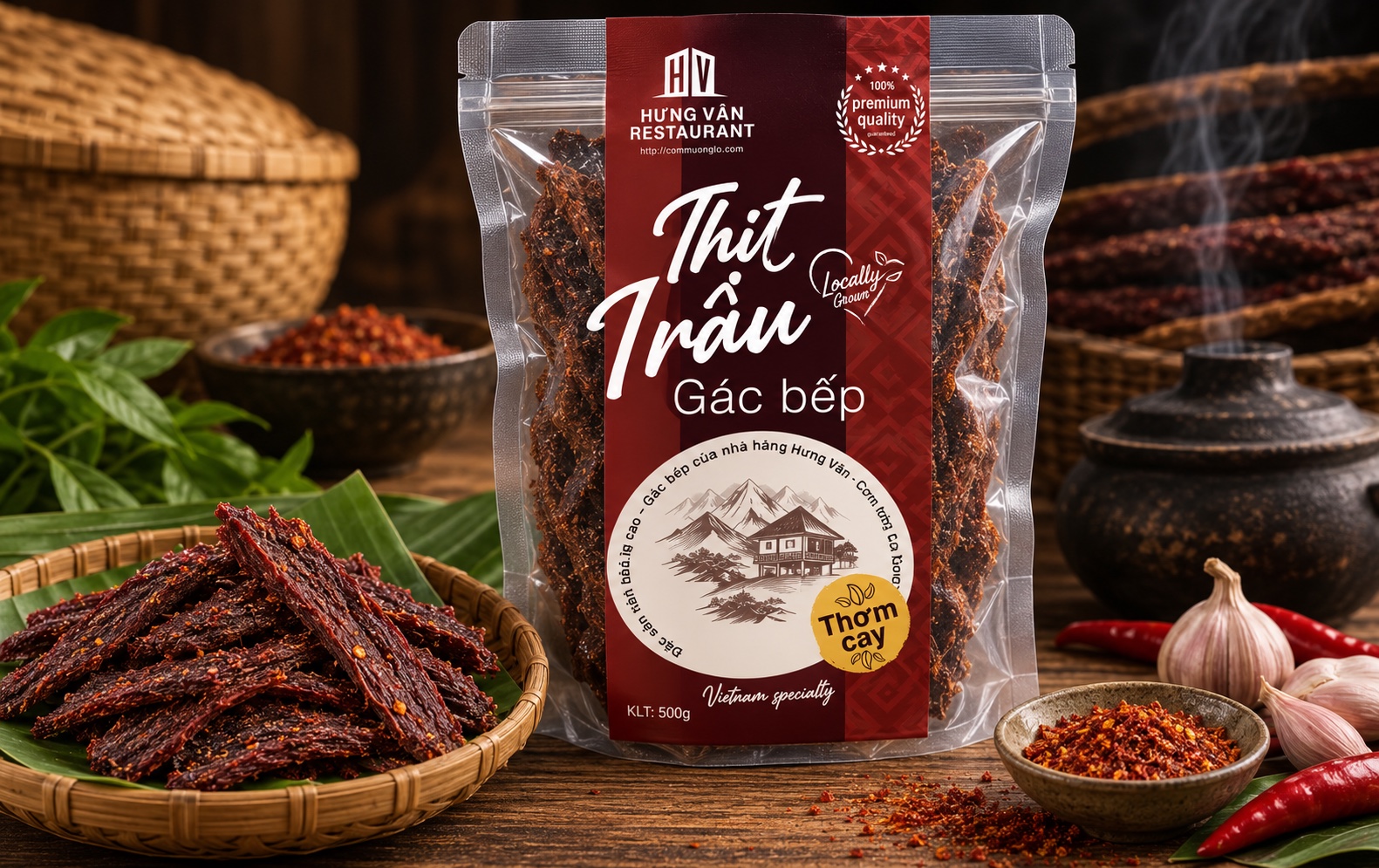 Túi thịt trâu gác bếp Hưng Vân, ô tròn khoét thủng lộ sợi thịt ám khói bên trong