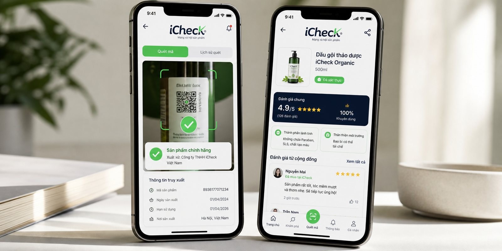 Giao diện ứng dụng iCheck với dấu tick xác nhận sản phẩm