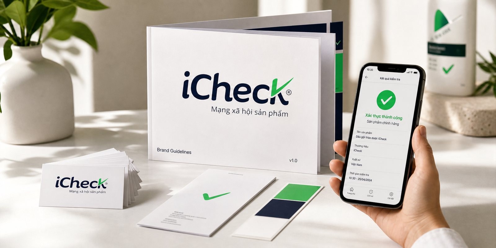 Bộ nhận diện iCheck trên ấn phẩm, ứng dụng và website
