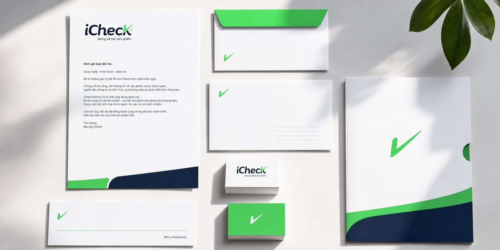 Bộ ấn phẩm văn phòng Name card, tiêu đề thư và phong bì iCheck