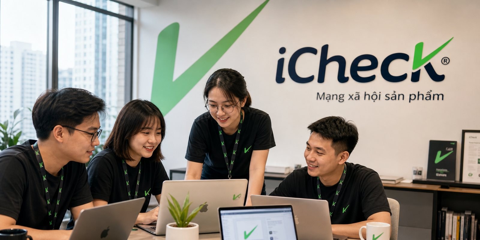 Đội ngũ iCheck Nhân viên iCheck làm việc, thương hiệu hiện diện trên không gian làm việc