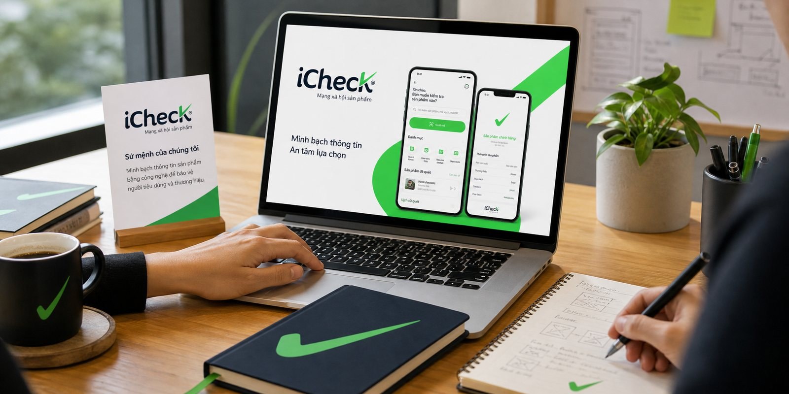 Góc bàn với ứng dụng và ấn phẩm mang nhận diện iCheck