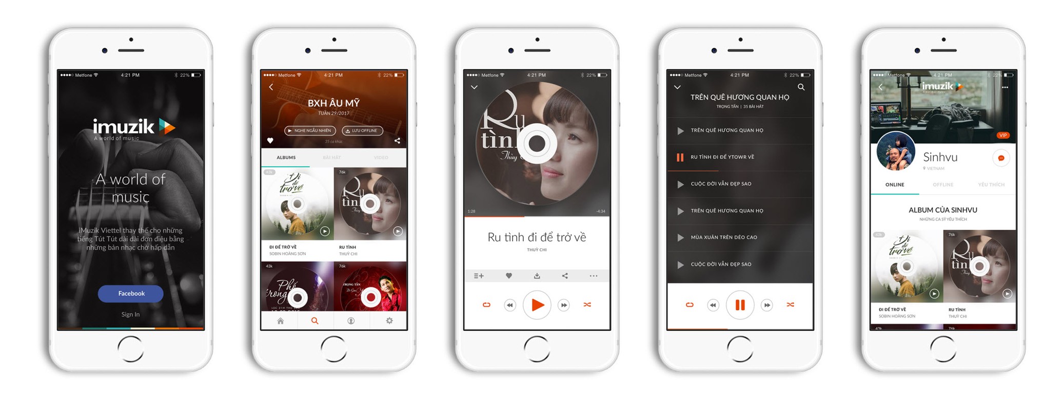 Dải màn hình ứng dụng imuzik: giới thiệu, bảng xếp hạng, phát nhạc, danh sách và trang cá nhân