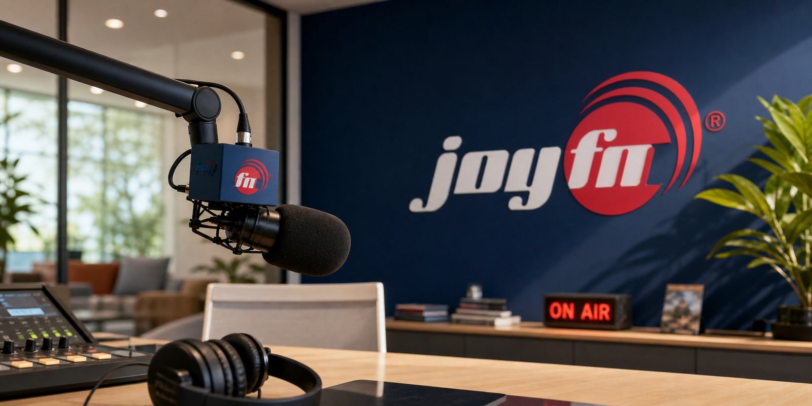 Trong trường quay Nhận diện JoyFM trong trường quay: phông nền và mic-flag mang dấu hiệu