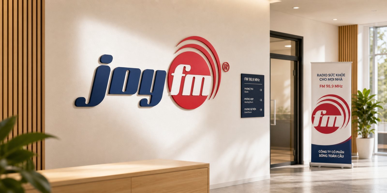 Biển hiệu môi trường Biển hiệu JoyFM tại sảnh và standee sự kiện sức khỏe