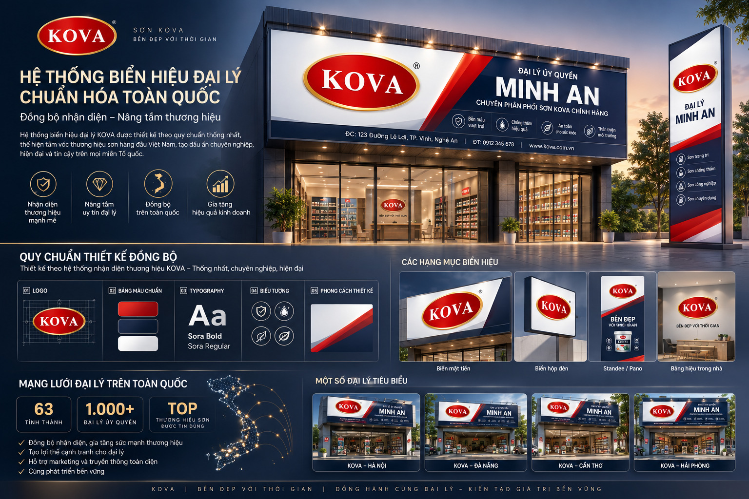 Bảng quy chuẩn hệ biển hiệu đại lý KOVA, gồm biển mặt tiền, biển hộp đèn, biển đứng và bảng hiệu trong nhà