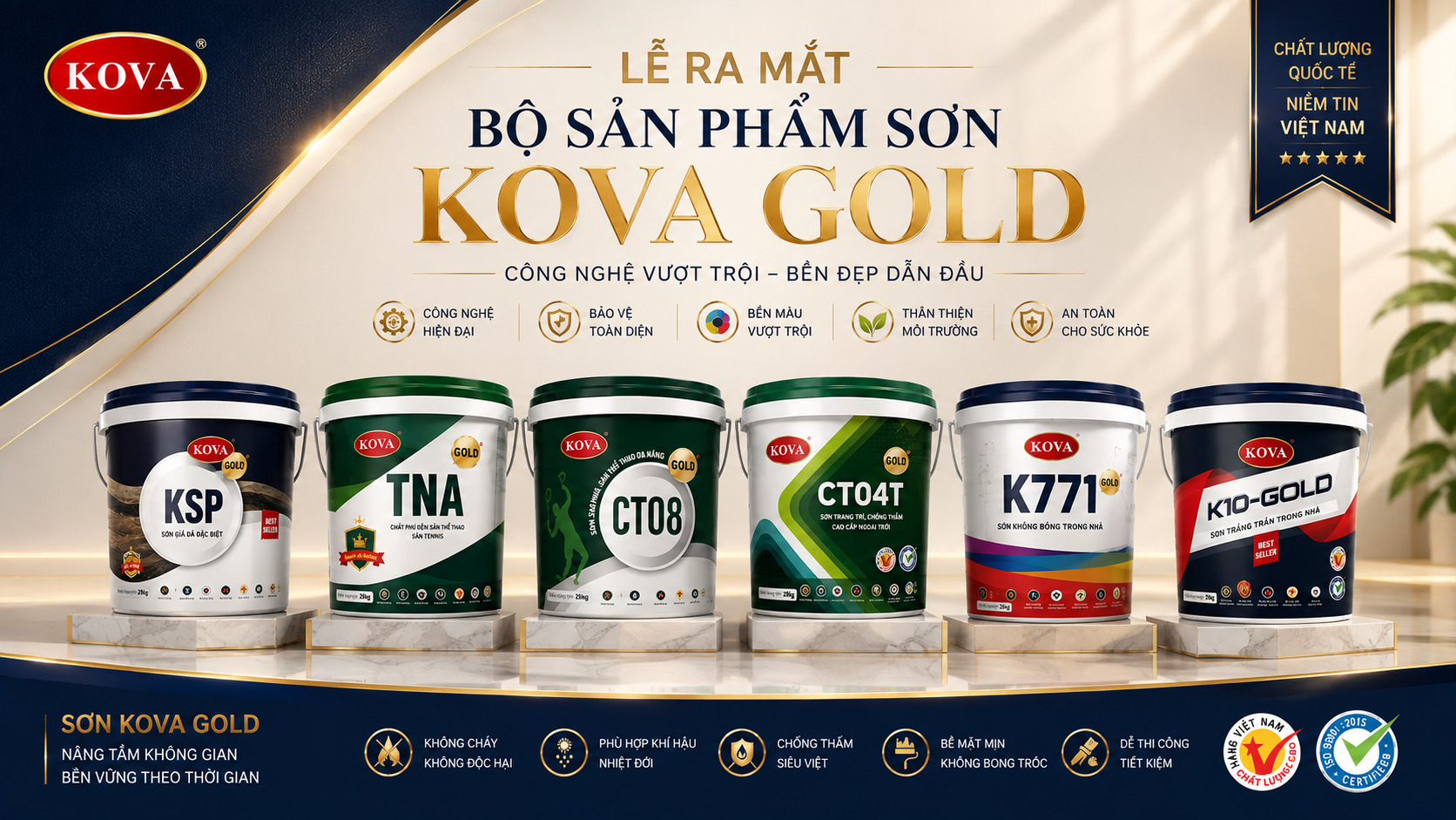 Billboard lễ ra mắt bộ sản phẩm sơn KOVA GOLD, sáu thùng sơn xếp hàng trên bục đá dưới dòng chữ vàng, dải cam kết chất lượng chạy dưới chân