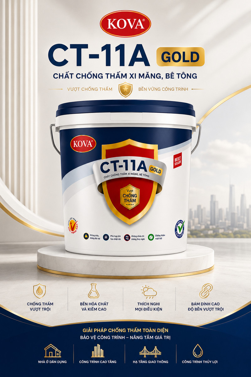 CT-11A GOLD · Chất chống thấm xi măng, bê tông Poster CT-11A GOLD, thùng sơn nắp navy đứng trên bục tròn, huy hiệu khiên vàng Vua Chống Thấm ở giữa