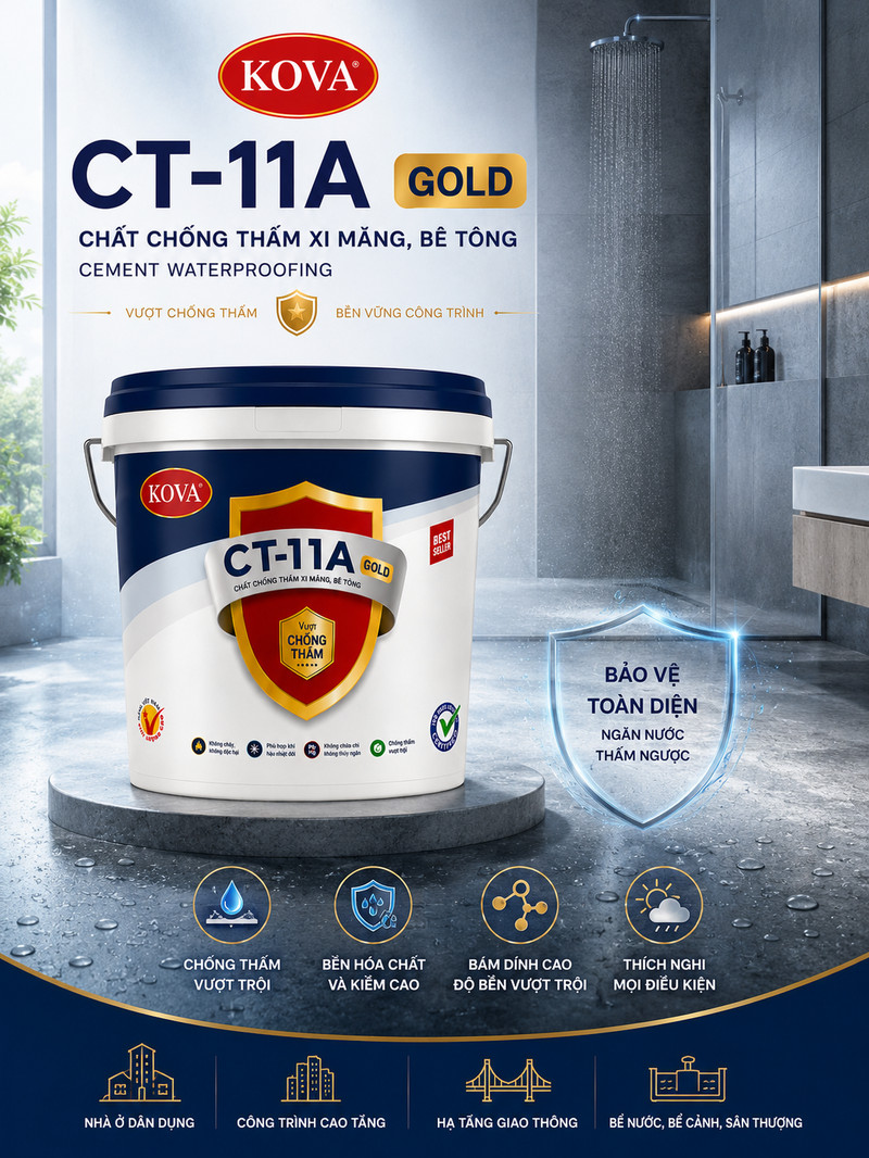 Poster CT-11A GOLD song ngữ đặt trong phòng tắm, khiên bảo vệ toàn diện ngăn nước thấm ngược