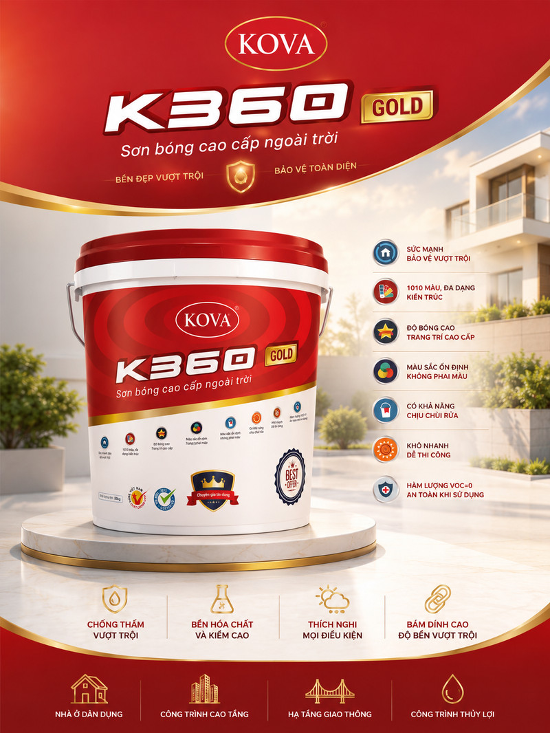 K360 GOLD · Sơn bóng cao cấp ngoài trời Poster K360 GOLD nền đỏ, thùng sơn trắng đỏ trên bục, dải bảy ký hiệu tính năng bên phải