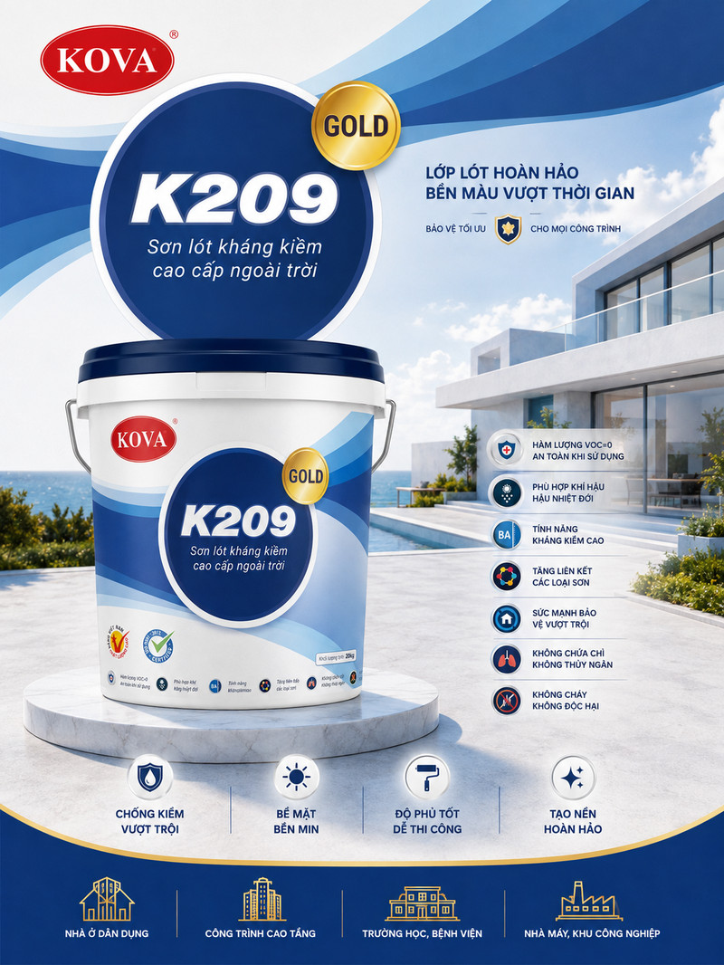 Poster K209 GOLD tông xanh dương, tên dòng trong đĩa tròn, nền công trình ven biển