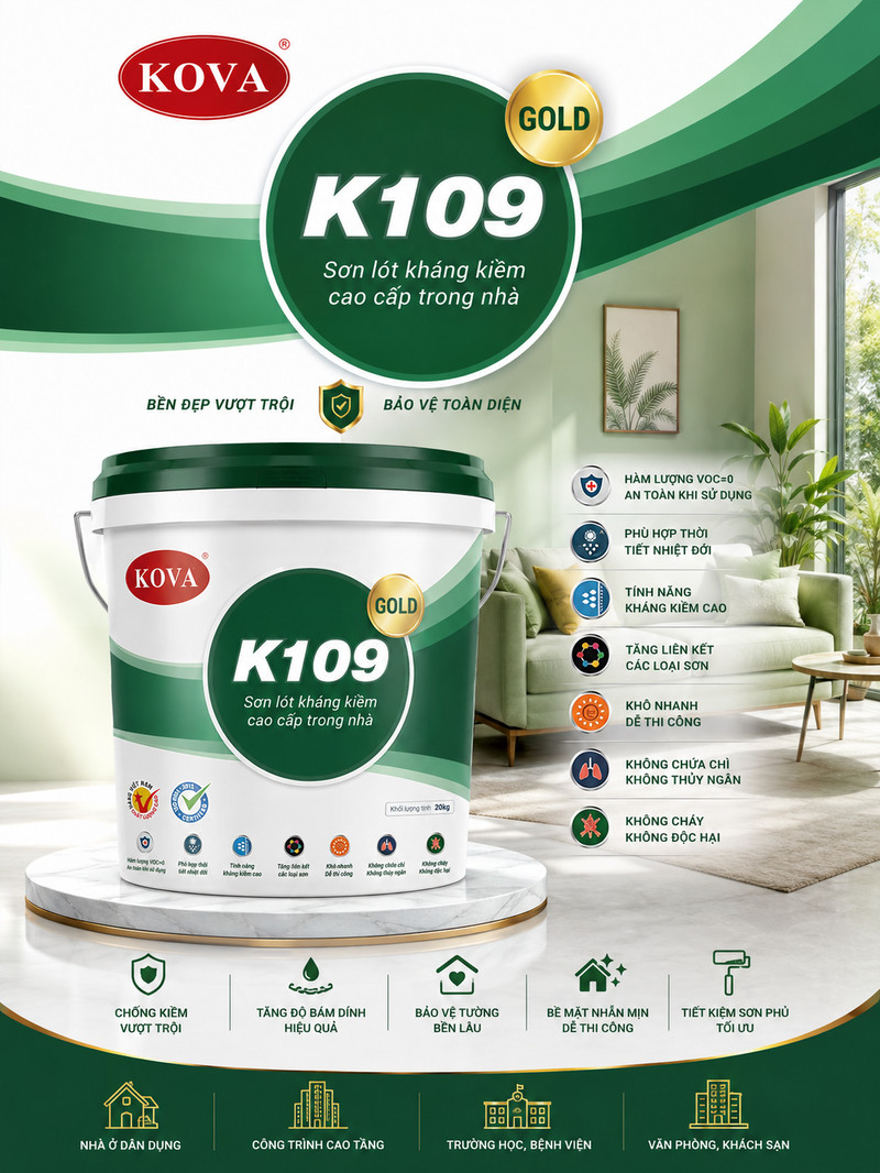 K109 GOLD · Sơn lót kháng kiềm cao cấp trong nhà Poster K109 GOLD tông xanh lá, thùng sơn trước phòng khách sáng, đĩa tròn mang tên dòng