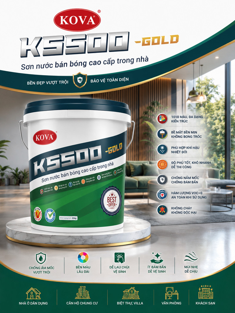 K5500-GOLD · Sơn nước bán bóng cao cấp trong nhà Poster K5500-GOLD, tên dòng dập nổi trên dải trắng, dải ứng dụng nhà ở, căn hộ, khách sạn