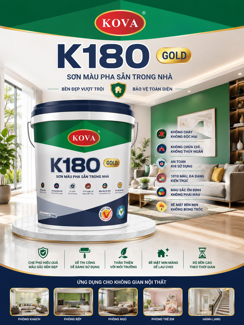 K180 GOLD · Sơn màu pha sẵn trong nhà Poster K180 GOLD, dải ảnh năm không gian nội thất chạy dưới chân poster