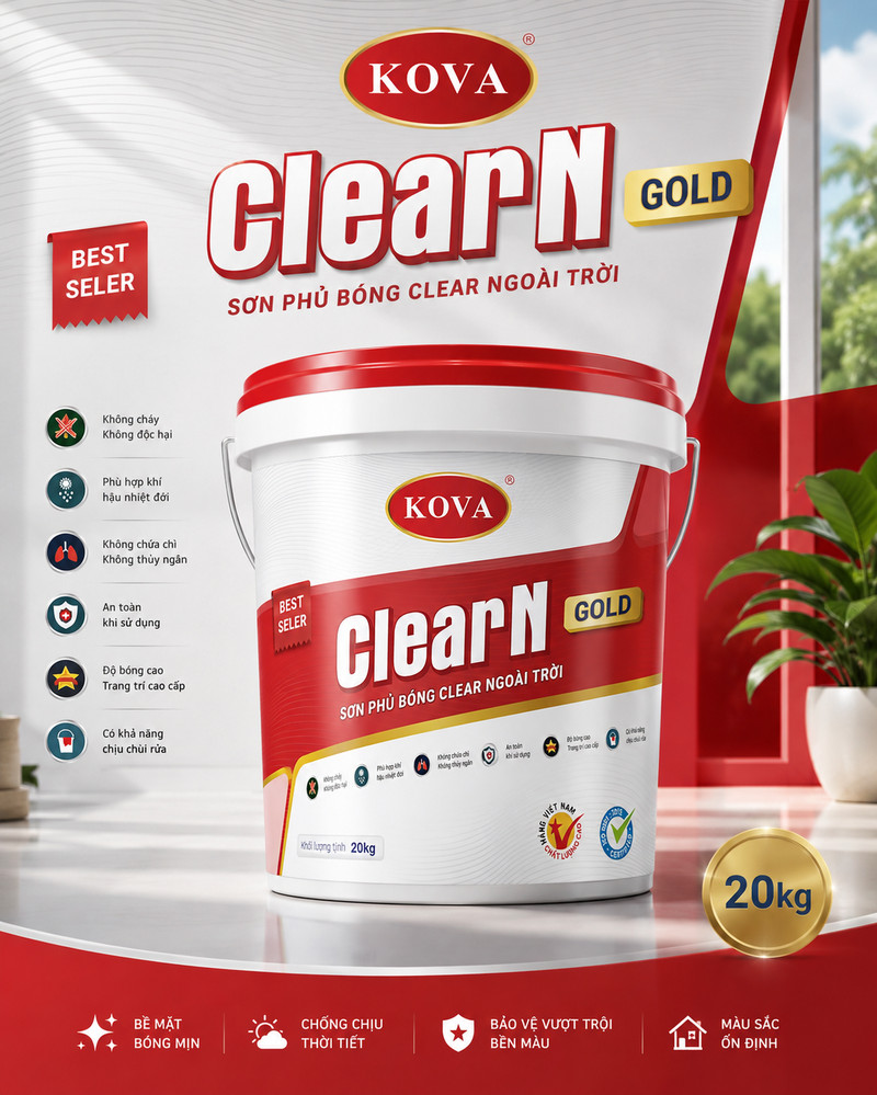 Poster ClearN GOLD tông đỏ, cờ bán chạy nhất bên trái, sáu ký hiệu tính năng xếp dọc