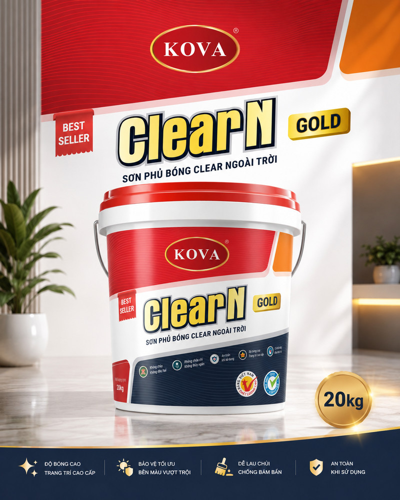 ClearN GOLD · Bản đỏ và cam Poster ClearN GOLD bản đỏ cam, thùng sơn nắp đỏ trên nền hình khối kiến trúc