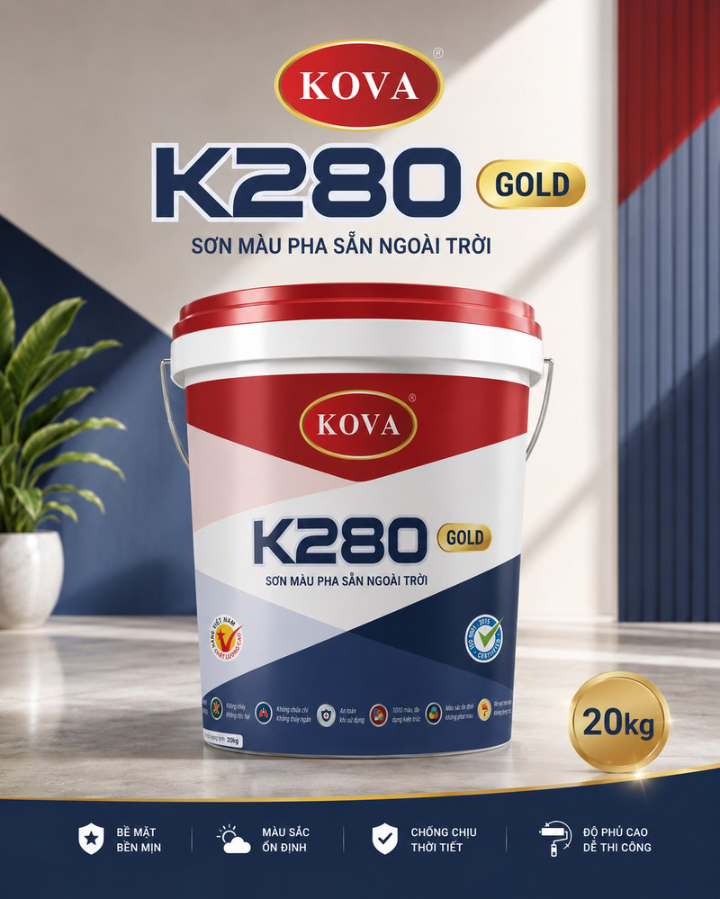 K280 GOLD · Sơn màu pha sẵn ngoài trời Poster K280 GOLD navy và đỏ, thùng sơn nắp đỏ đặt trước lối vào nhà